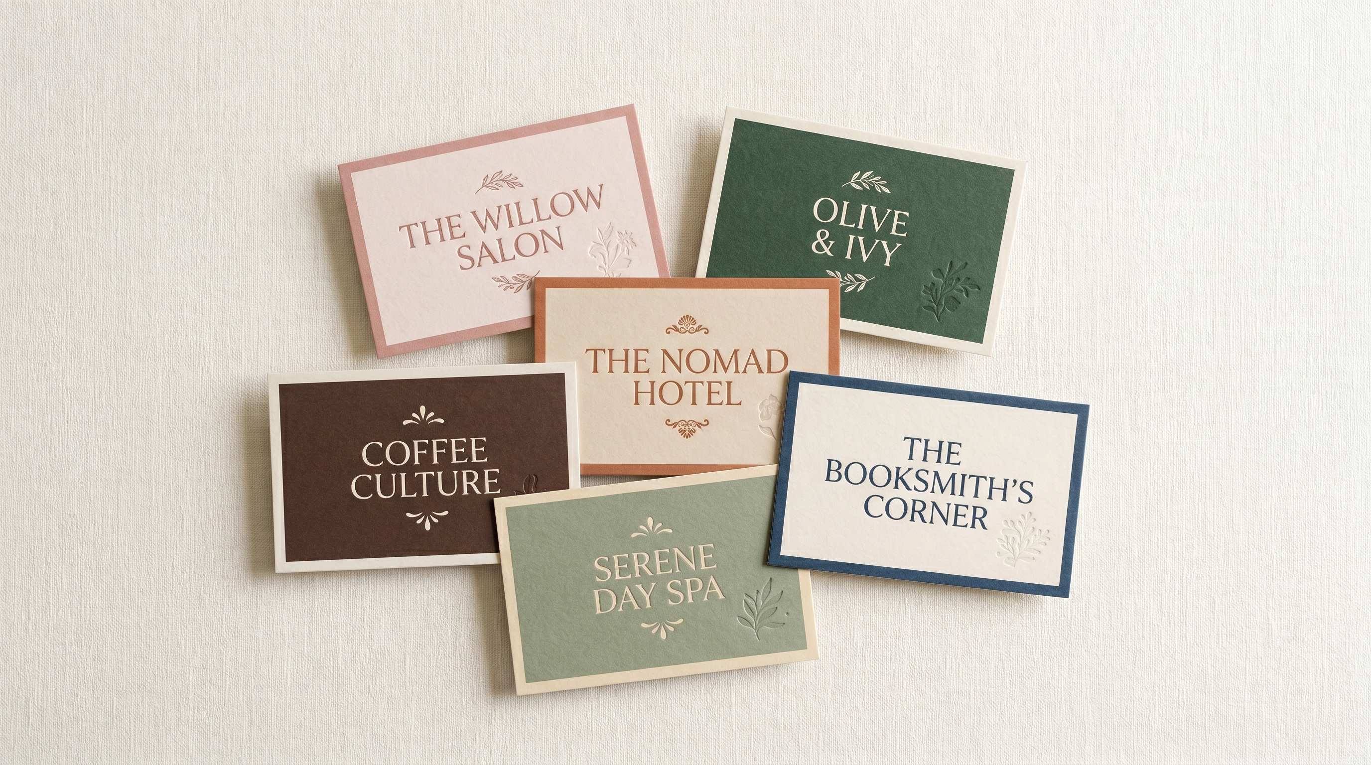 Six recent gift voucher designs from independent UK businesses — salon, restaurant, hotel, coffee roaster, day spa, bookshop — arranged in a casual fan on cream linen.